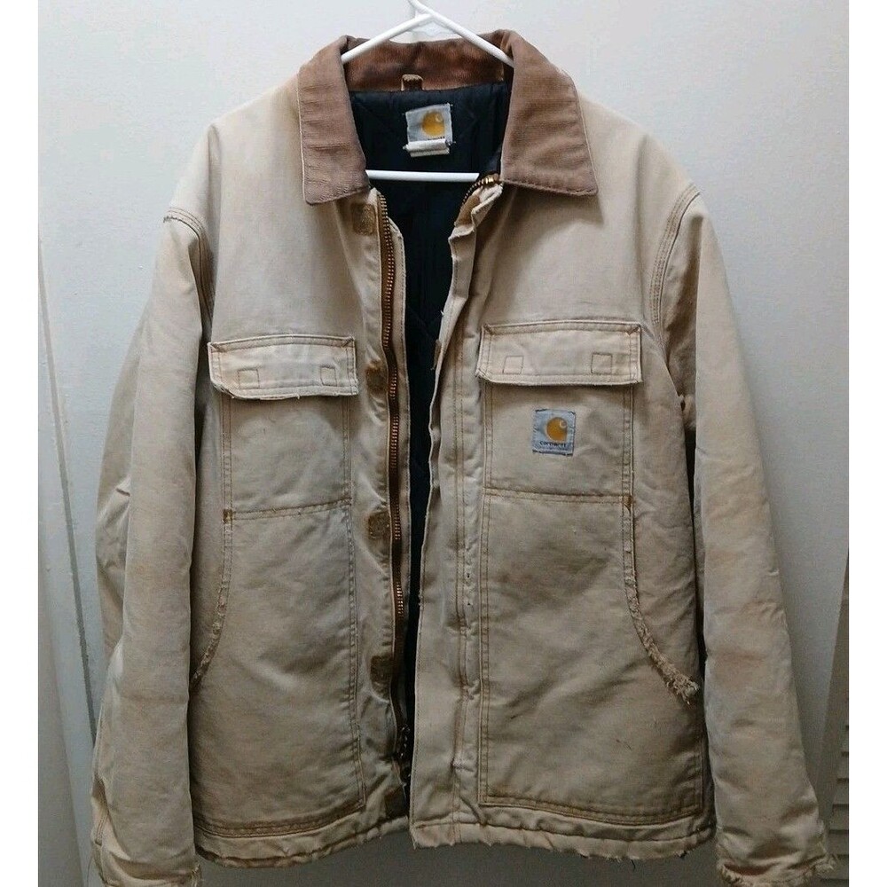 VINTAGE CARHARTT INSULATED DUCK BROWN FADED COAT 44 REGULAR DISTRESSED HOLES CO3